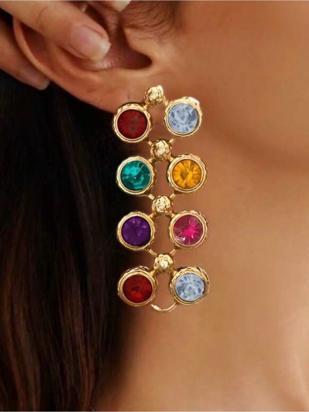 ✨ Colorful Gold-Tone Crystal Statement Drop Earrings | Multicolor Rhinestone - Picture 3 of 5